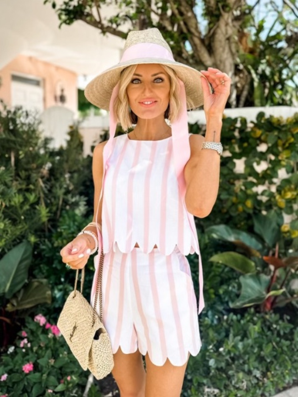 Sail to Sable x Palm Beach Lately Blush Stripe Scalloped Short Set, Size Medium
